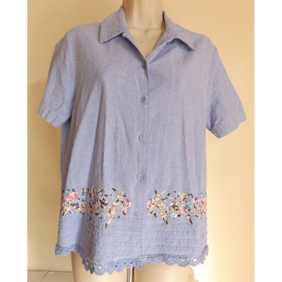 Blair Tops - 🔴 Blue Chambray Embroidered Button Down